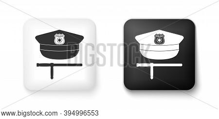 Black And White Police Cap And Rubber Baton Icon Isolated On White Background. Security Truncheons. 