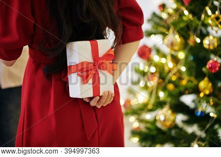 Close-up Image Of Young Woman Hiding Christmas Present Behind Her Back