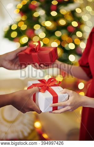 Cropped Image Of People Exchanging Wrapped Christmas Gifts When Standing At Decorated Tree