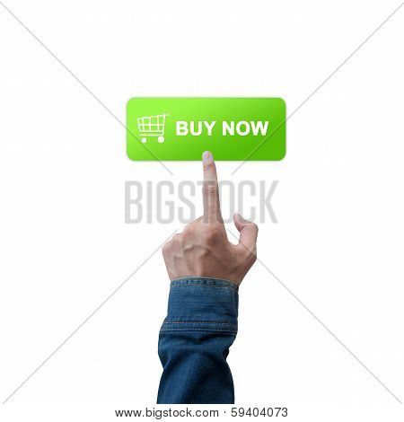 Buy Button With Real Hand Isolated On White Background