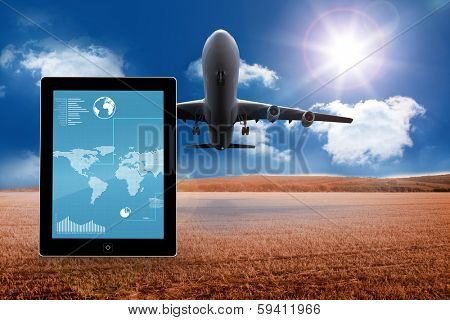 Map on tablet screen against 3d plane taking off over cornfield