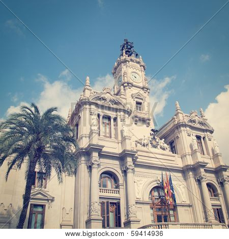 Valencia city hall building with retro effect.