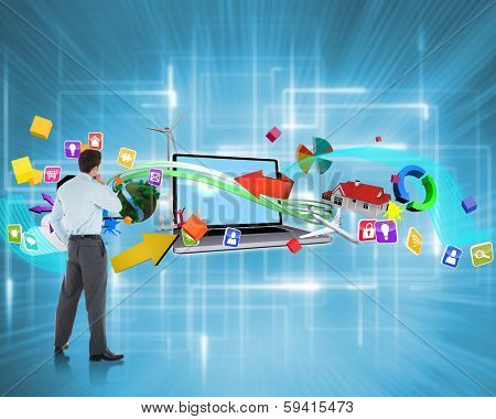 Thoughtful businessman with hand on chin against multiple geometric lights