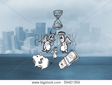 Good banking vs bad banking doodle against cityscape in the fog