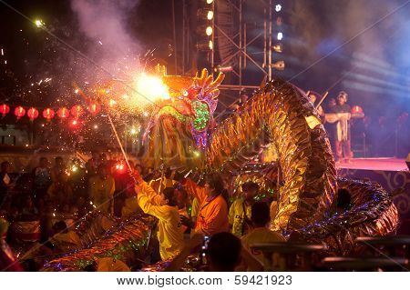 Golden Dragon Dancing In Chinese New Year.
