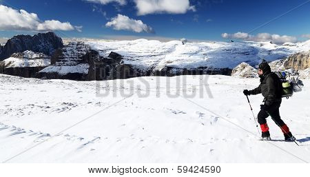 Winter trekking in the Dolomites, Sella Group, Italy, Europe