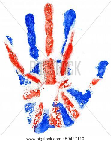 Handprint Of A Great Britan Flag On A White