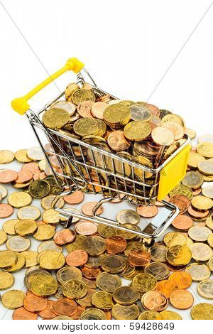 a shopping cart is well stocked with euro coins, symbolic photo for purchasing power and consumption