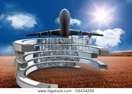 Fingerprint on abstract screen against 3d plane taking off over cornfield