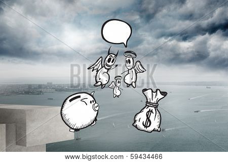 Good banking vs bad banking doodle against coastline and city