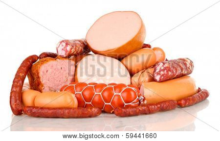 Lot of different sausages isolated on white