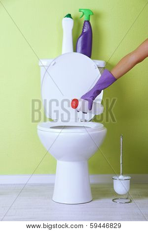 Woman hand with spray bottle cleaning a toilet bowl in a bathroom