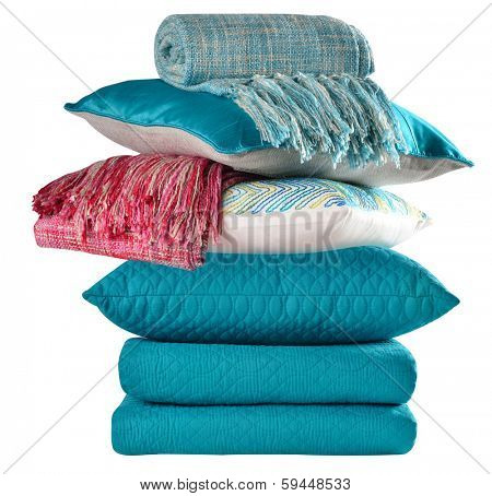 Bedding objects, pillow and bed spreads isolated.