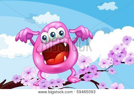 Illustration of a pink beanie monster above the branch of a tree