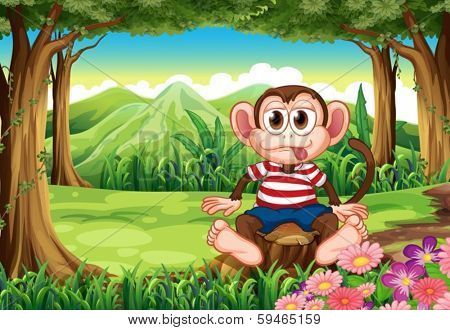 Illustration of a boastful monkey sitting above the stump