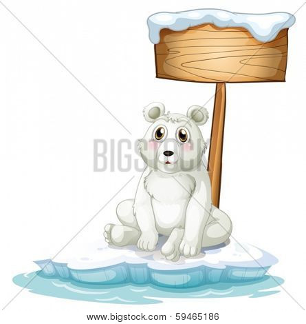 Illustration of a sad bear above the iceberg with an empty signboard on a white background