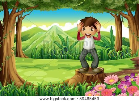 Illustration of a happy boy above the stump at the forest
