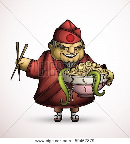 Japanese chef with a bowl of exotic foods