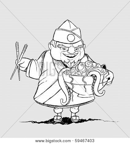 Japanese chef with a bowl of exotic foods. Freehand drawing