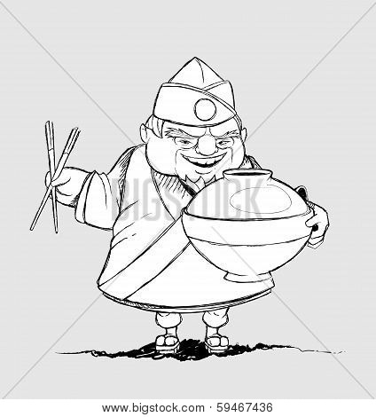 Japanese chef with a signature dishes. Freehand drawing