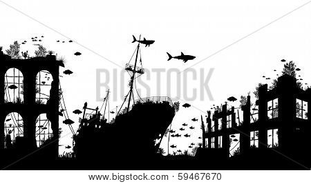 Foreground silhouette of marine life around a shipwreck and underwater city ruins