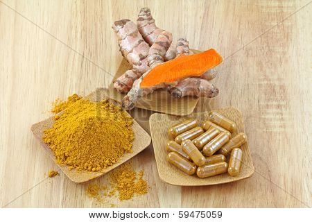 Turmeric rhizome, powder and capsules