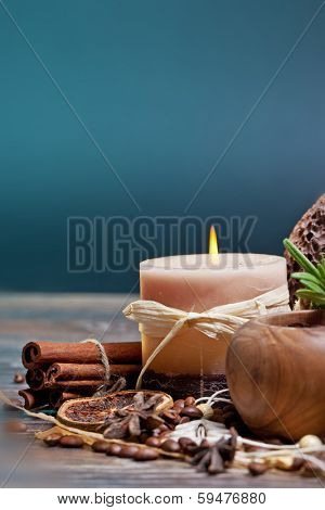 SPA concept: handmade soap with coffee beans, cinnamon and anise star