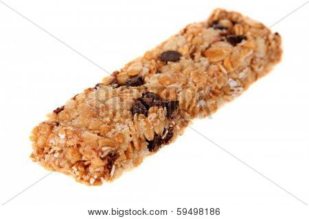 A very tasty and healthy Granola Bar chock full of Oats, Honey, Chocolate Chips, Peanuts, and other flavorful items to help make your day a bit better when your hungry for a snack. Isolated on white