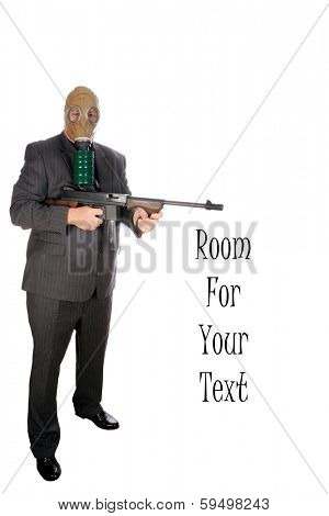 A Well Dressed Man wears a Gas Mask and brandishes a genuine Thompson Sub-Machine Gun. Thompson Sub-Machine Guns AKA Tommy Gun, Chicago Typewriter, and The Chopper fire the .45 APC round.  