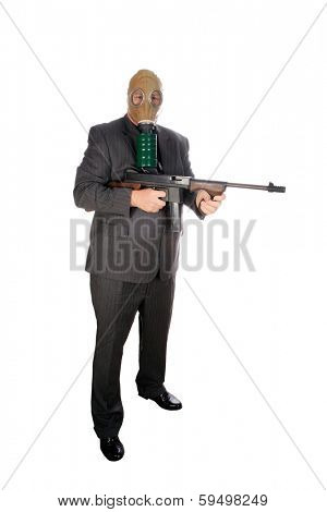 A Well Dressed Man wears a Gas Mask and brandishes a genuine Thompson Sub-Machine Gun. Thompson Sub-Machine Guns AKA Tommy Gun, Chicago Typewriter, and The Chopper fire the .45 APC round.  