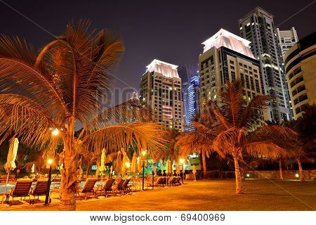 Beach Night Illumination Of The Luxury Hotel, Dubai, Uae