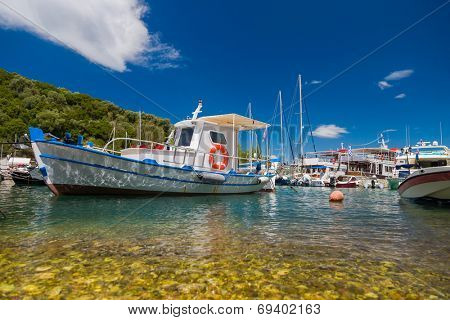 Fishing boat in the Harbor of Meganisi island in Lefkada Greece