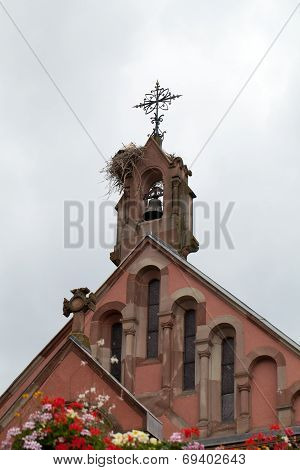 Church of Eguisheim village along the famous wine route in Alsace France