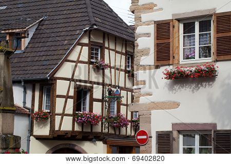 Street with half-timbered medieval houses in Eguisheim