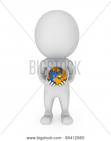 3D White Man Stands With Earth Planet Globe