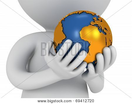 3D White Man Stand With Earth Planet Globe