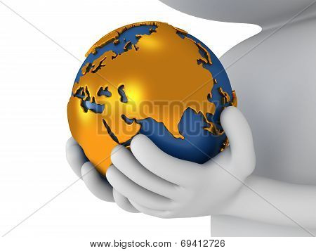 3D White Man Stand With Earth Planet Globe