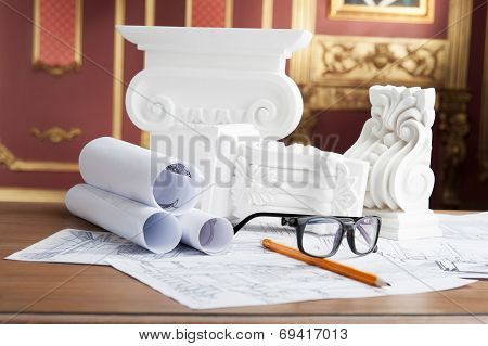 Portrait of spectacles, yellow pencil, design drawing and white