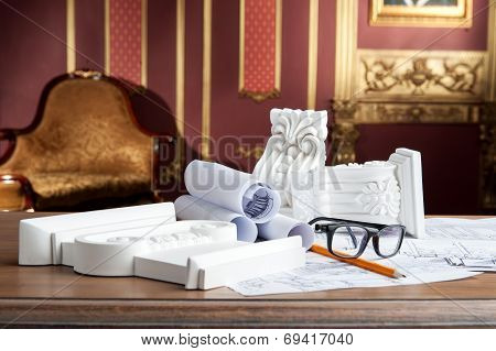 Portrait of spectacles, yellow pencil, design drawing and white
