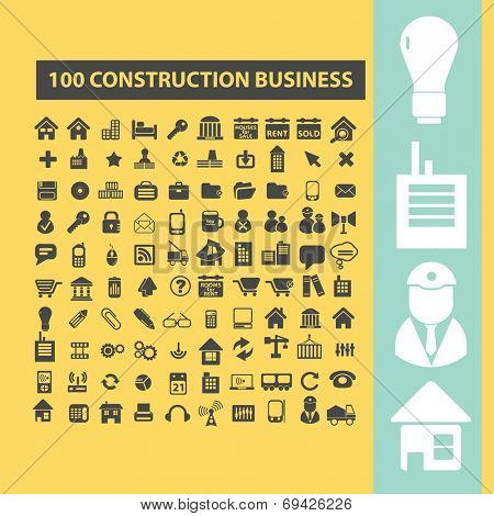 100 constuction business, factory, industry black flat icons, signs, symbols set, vector