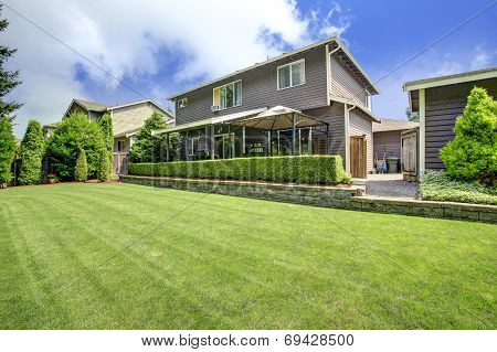 Backyard Landscape With Trimmed Hedges