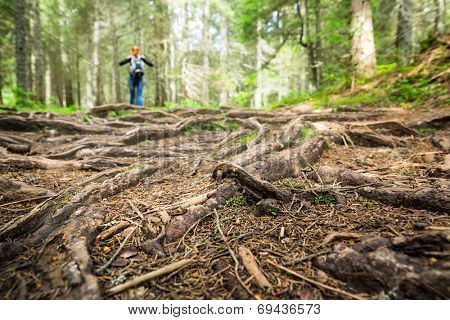 Woman is walking in the forest