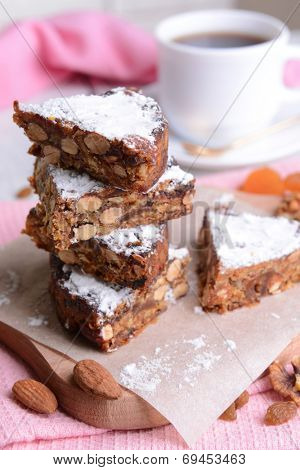 Delicious cake panforte on table close-up