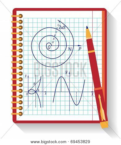 Notebook with vector mathematical function graph. Flat design.