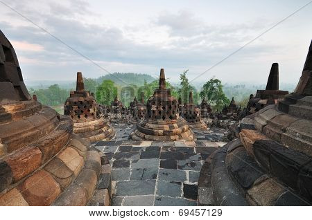 Sunrise At Borobudur Temple Stupa Jogjakarta, Indonesia.