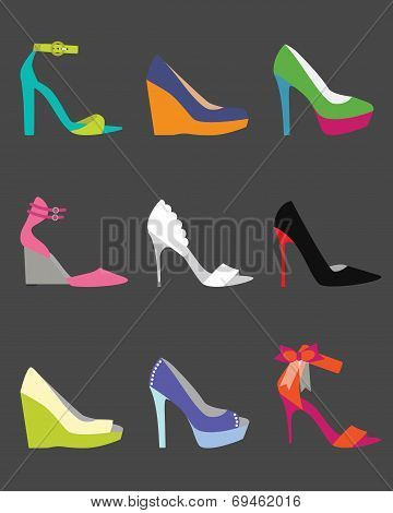 Unique colorful women shoe icons - flat modern design on dark gray background