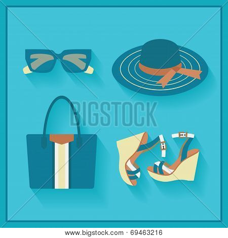 Women fashionable summer accessories - color blue in flat design