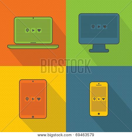 Abstract devices set on colorful dotted seamless patterns background - Retro modern flat desig