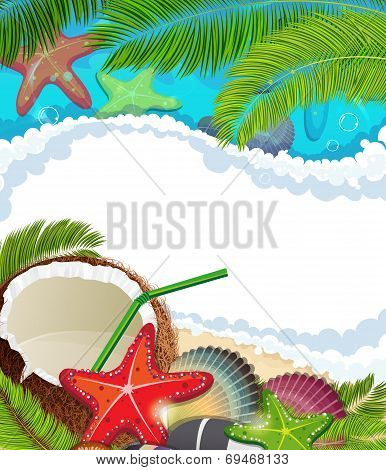 Sea Background With  Palm Trees And Coconut Cocktail