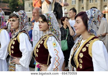 Members of folk group Albanian Culture Society Jahi Hasani from Cegrane, Macedonia during the 48th International Folklore Festival in center of Zagreb,Croatia on July 19,2014